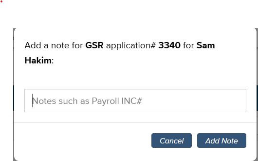 UI screenshot: add note for GSR application #3340 for Sam Hakim; text field and Cancel/Add buttons